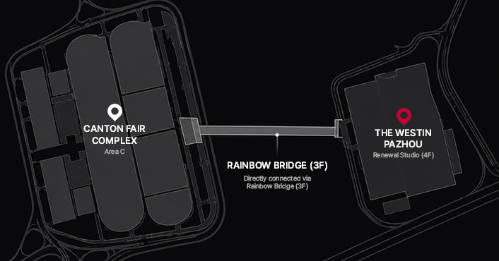 Canton Fair Complex Area C와 The Westin Pazhou가 Rainbow Bridge(3F)로 연결된 약도
